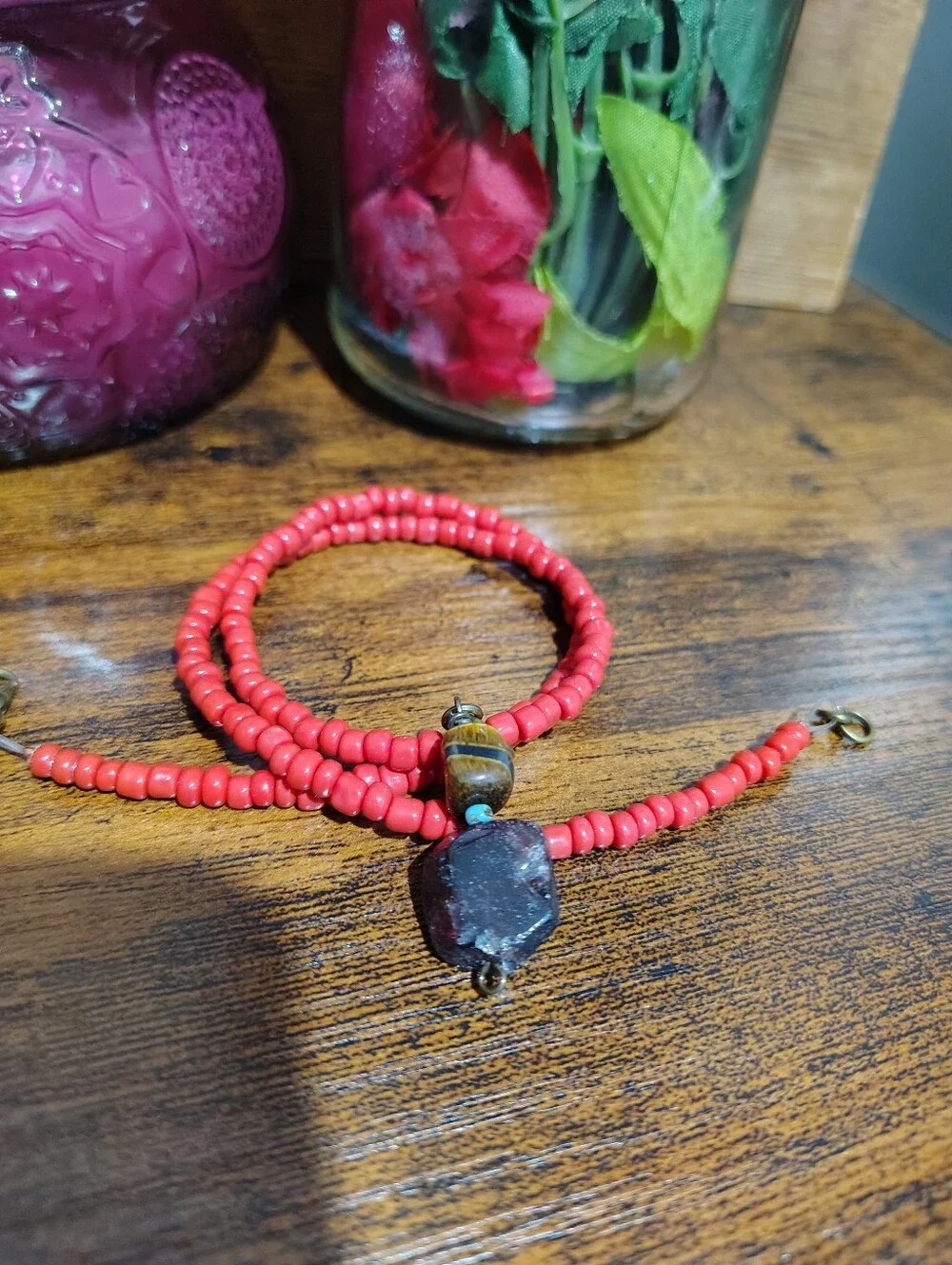 Red Beaded Gemstone Pendant Necklace - Men's Necklace